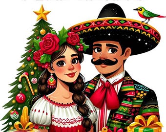 Mexican lady and man christmas png clipart, christmas tree, presents Feliz Navidad jpg COLOR ILLUSTRATION art digital print download
