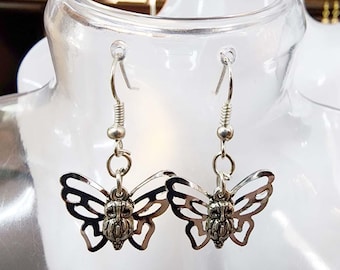 Owl butterfly silver charm earrings, dangles animals metal handmade nature jewelry