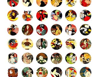 Imágenes prediseñadas de anuncios de productos vintage para descarga instantánea, hoja de collage digital, círculos de 1 pulgada, imprimibles.