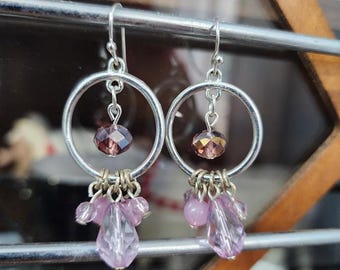 purple bead drop hoop earrings long dangles acrylic glass handmade jewelry