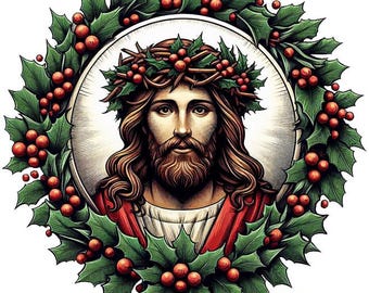 Jesus Christ Holly Christmas wreath art png clipart jpg  COLOR ILLUSTRATION art digital print download