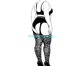 plus size big beautiful woman black lingerie lace stockingsprintable art jpg  clipart png svg vector fashion instant download digital print