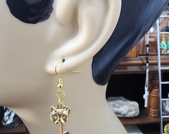 cat heart key charms gold tone earrings metal brass jewelry handmade earrings