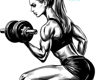 woman lifting barbell weights png, female body builder clipart png jpg muscular woman fitness printable art logo icon digital print download