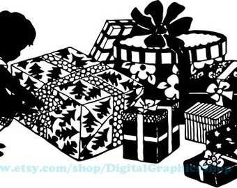 little boy with christmas presents, silhouette printable art, victorian clipart, png, jpg, svg vector, instant download, digital prints