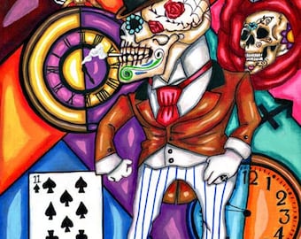 skeleton man top hat -original day of the dead art print surreal dark fantasy 8x10 inch