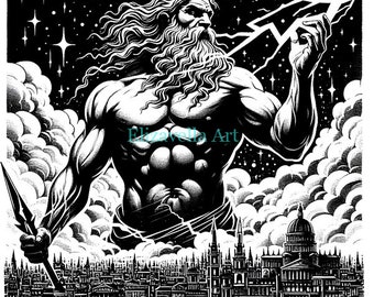 Greek God Zeus lightening bolts printable art mythology ink illustration clipart digital print download