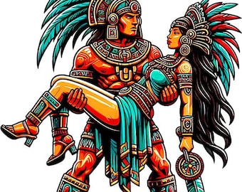 aztec warrior holding woman png , aztec princess jpg color illustration printable Mexican indian art, mexico people digital download,