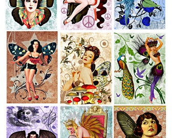 printable digital collage sheet altered art fairy pinup girls instant download 2.5" x 3.5" aceos tags cards lables scrapbook DIY CRafts