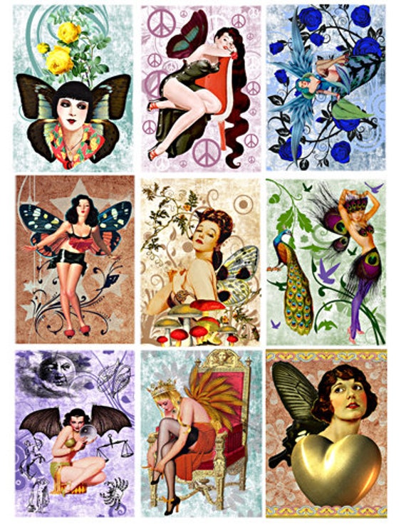 collage sheet altered art fairy pinup girls digital download 2.5" x 3.5" graphics downloadable images printables diy crafts scrapbooking