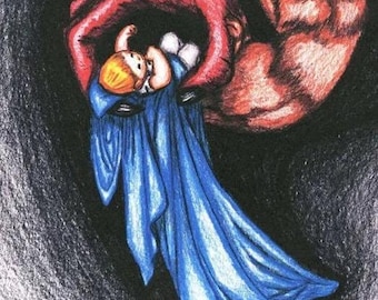 fantasy dark horror original art print Innocence Ensnared demon hand grabbing baby dark fairytales drawing family traditions good & evil