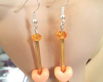 orange heart bead drop earrings, long dangle earrings, heart earrings, handmade jewelry