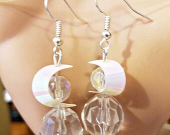 moon earrings , bead drop earrings, sequin earrings, dangle earrings handmade acrylic crystal bead jewelry