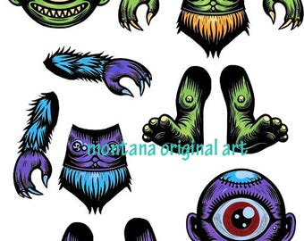 Cyclops Boy Monster paper doll and 2 spooky backgrounds collage sheet, digital download, kids printable halloween craft cut outs