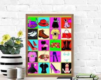 Summer clothing, fashion pop art, collage sheet, 2" inch squares, instant download, digital print, colorful printable poster