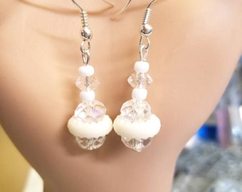 white big bead drop earrings glass crystal beads long dangles jewelry handmade