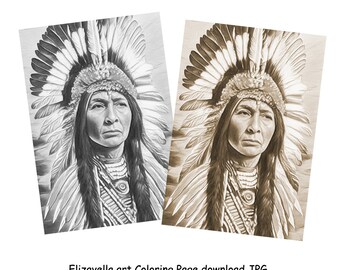 Indian Chief•  Native Indian man Art• Coloring Page for Adults • Grayscale Coloring Page • Instant Download Colouring jpg printable