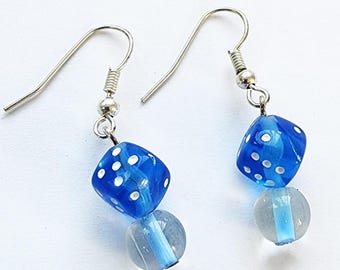 blue cats eye dice bead drop earrings dangles handmade casino gambling jewelry