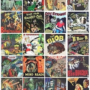 vintage retro horror movie posters art monsters creatures clipart collage sheet 2 inch squares digital instant download printable images