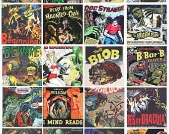 vintage retro horror movie posters art monsters creatures clipart collage sheet 2 inch squares digital instant download printable images
