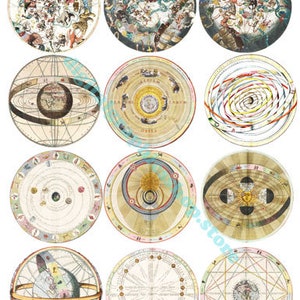 Sternzeichen, astrologische Diagramme, Collage-Blatt, 2,5 Zoll, Kreise, Vintage-Ausdrucke, Kunst, Clipart, Digitaldruck, sofortiger Download