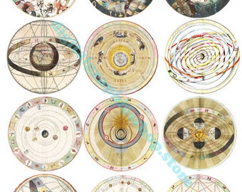ZODIAC signs astrological charts  collage sheet 2.5 inch circles vintage printables art clipart digital print instant download