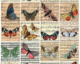 printable vintage art, butterfly, sheet music, clipart, digital collage sheet , instant download, 2 inch squares, graphics images