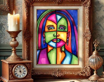Lady Of The Stars abstract original art markers drawings colorful womans face " 9"x 12"