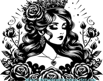 Mexican girl princess png clipart, roses png jpg Mexican girl portrait black ILLUSTRATION art digital print download