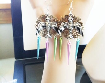 sparrow bird earrings, chandelier earrings big dangle spike drops charms animal handmade