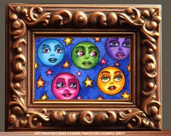 moon faces, original aceo card art, markers drawings, watercolors, celestial, fantasy artwork, mixed media