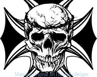 Human skull thorn crown cross png overlay , day of dead transparent png jpg clipart, Calavera tattoo art, instant digital download printable