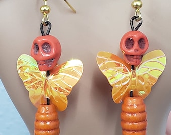 orange skull earrings, butterfly skulls, sugar skull bead earrings, orange, day of the dead, handmade jewelry, goth, punk