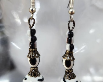 black and white stripes bead drop earrings, dangles handmade evil eye jewelry