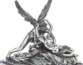 Cupid and Psyche pen ink DRAWING Goddess love romance art, ORIGINAL art, fantasy Angel illustration, greek Mythology outsider art