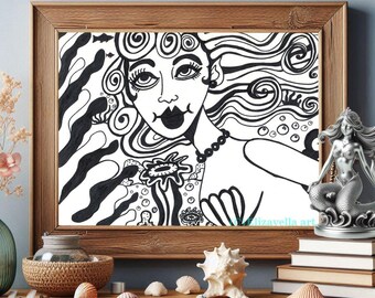 mermaid girl art ink drawing whimsical fantasy fairytale  black & white art by Elizavella
