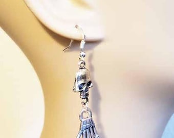 Silver skeleton hand and skull earrings, charm long dangles goth punk, biker, handmade unisex jewelry