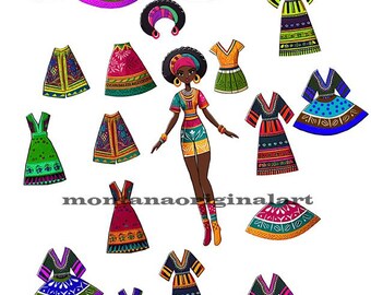 Black African woman paper doll with clothes clipart printable kids crafts digital download