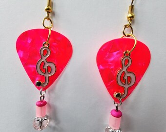 pink enamel musical note charm guitar pick bead drop earrings dangles handmade music jewelry
