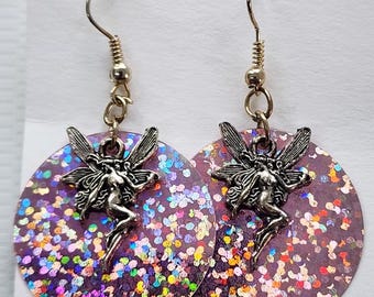 handmade fairy charm pink earrings sequin earrings circles dangles fantasy fairytale jewelry