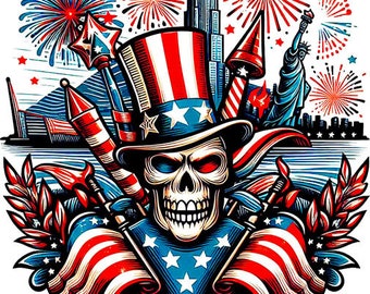 skeleton man with American USA Flag fireworks png clipart 4th of july clipart jpg pdf digital download printable fourth of July art