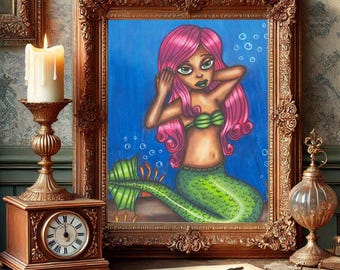 pink hair black mermaid girl original art print big eye art original drawing fantasy fairytale outsider art By Elizavella