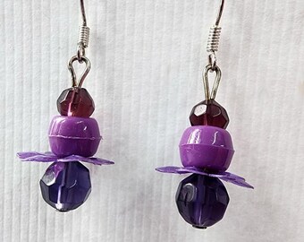 purple sequin flower bead drop earrings long dangles acrylic glass handmade jewelry