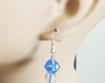 blue cats eye dice bead drop earrings dangles handmade casino gambling jewelry