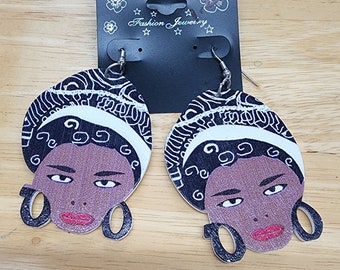 big printed earrings, cute black african womans face turban, plastic earrings, pinup girls, long dangles, acrylic jewelry