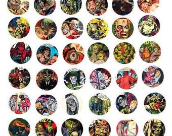 printable zombies collage sheet clipart 1 inch circles digital download horror art DIY jewelry making pendant images