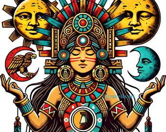 Aztec warrior princess woman png, sun moon jpg clipart printable Mexican indian folk art, mexico people, instant download, digital print