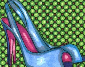 blue high heels shoes aceo art drawing green polkadots makeup original miniature art card
