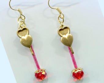 gold hearts earrings, red glass bead drop earrings, long dangles, handmade jewelry
