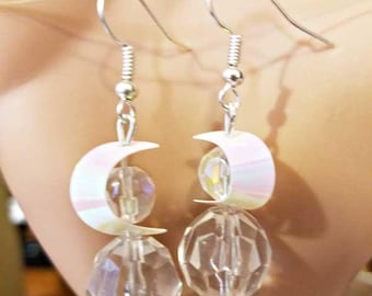 sequin moon bead drop earrings,  dangle earrings handmade acrylic crystal bead jewelry